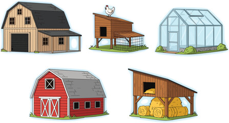 Cartoon farm building set featuring barn, chicken coop, greenhouse, and hay shed in colorful agricultural and rural style © rakib's world