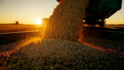 Golden Wheat Grain Pouring from Harvester into Truck at Sunset in Vast Agricultural Field