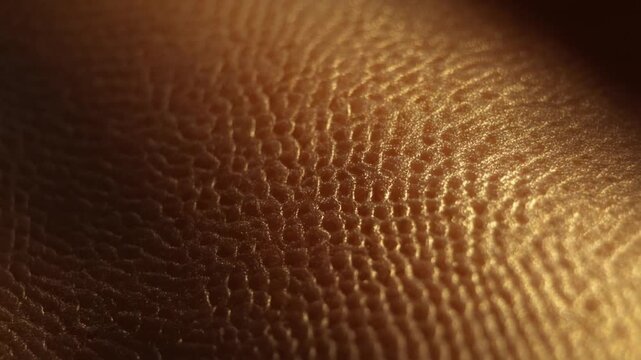 Extreme macro close-up of highly textured human skin illuminated by warm golden light, abstract dermatological background.