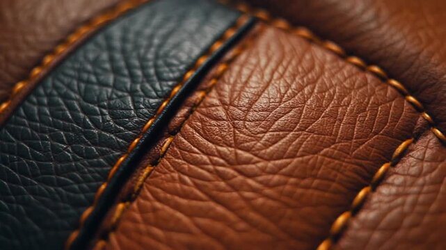 Extreme close-up of textured brown and blue leather surface with contrasting orange stitching and seam detail.