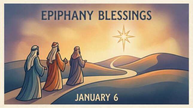 cozy epiphany western christian postcard template illustration template featuring three abstract figures walking toward a bright star on soft gradient background with gentle glow
