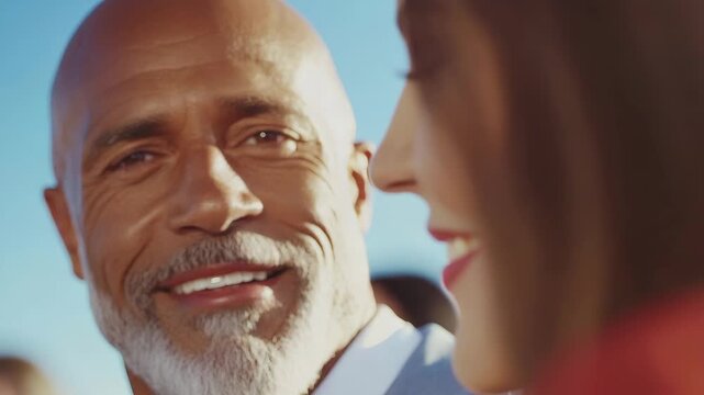 Smiling bald beard gray beard suit outdoor joyful mature man with warm light and clear sky