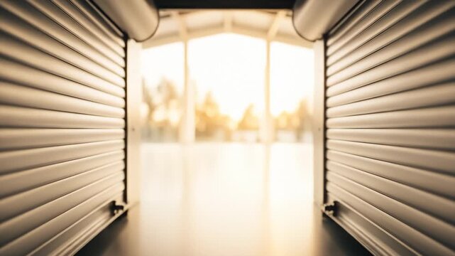 Roller Shutter Slowly Opening View to the Building With Trees