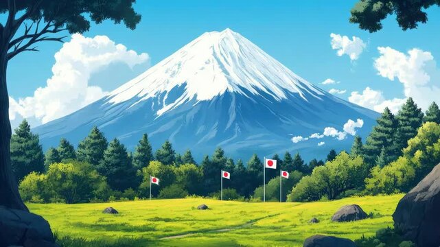 Mount Fuji stands majestically in the background as Japanese flags flutter in the breeze during the National Foundation Day celebration. The vibrant landscape highlights Japan's cultural pride