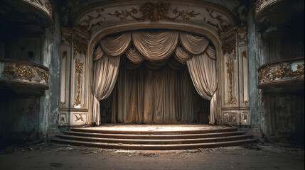 Obraz premium Abandoned theater stage with ornate curtains and intricate details, showcasing a sense of nostalgia and decay in an empty performance space with dramatic lighting