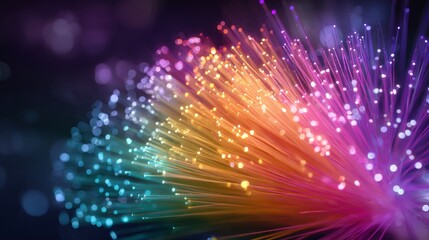 Fototapeta premium Vibrant Fiber Optic Cables with Glowing Multicolored Light Streaks Representing High-Speed Data Transmission, Internet Infrastructure