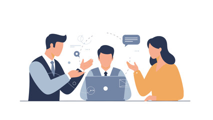 Business team discussing ideas on laptop in modern office setting