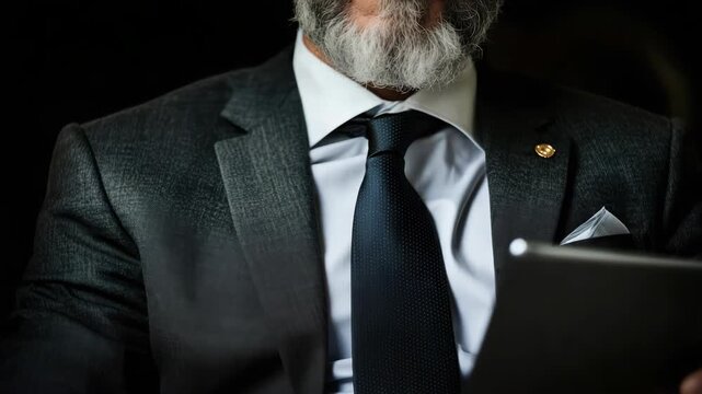 Bearded businessman suit and tie holding tablet. elderly businessman gray suit confident and focused