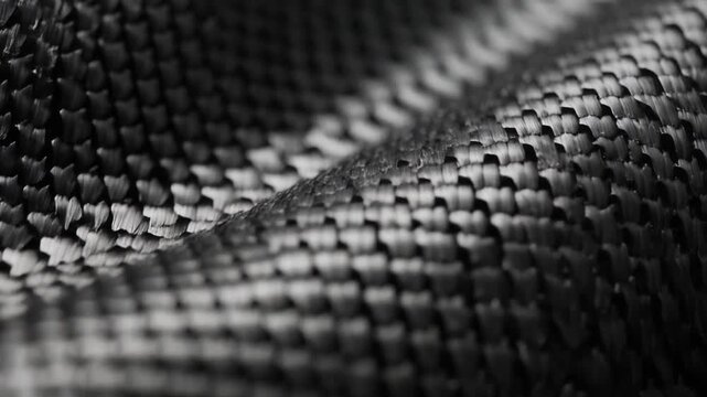 Close-up perspective shot of woven black carbon fiber texture highlighting engineering and advanced material structure