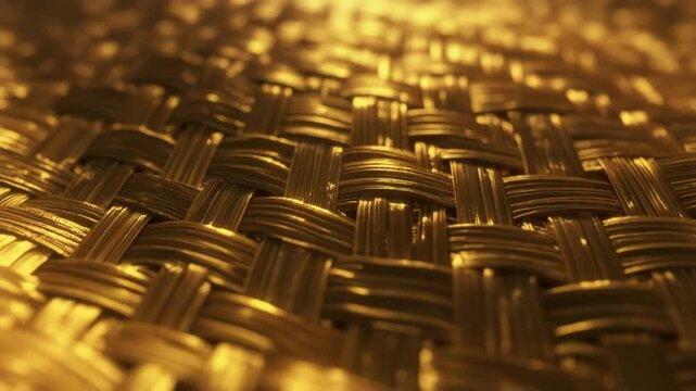 Luxurious golden woven texture background. Abstract close-up macro view of natural fiber basket weave pattern glowing richly.
