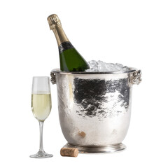 Celebration in a Glass: A celebratory still life featuring a champagne bottle chilling in an ice bucket beside a flute of sparkling wine.