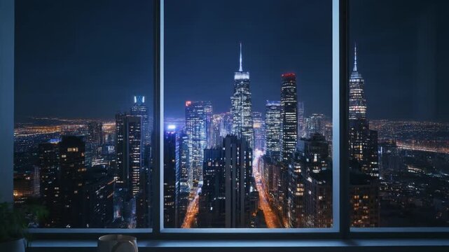 Luxury high-rise apartment view of illuminated city skyline and downtown skyscrapers at night.