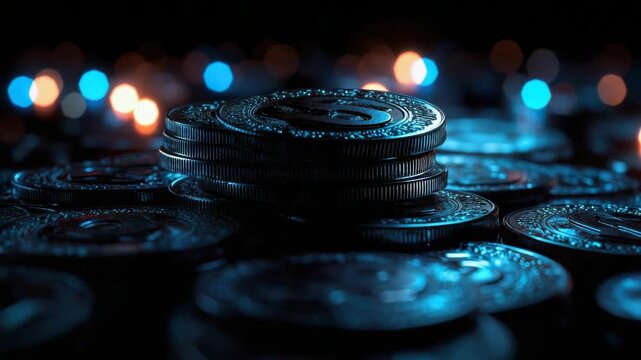 Stacked metal coin pile close up reflective surface with moody blue bokeh lights, coin stack metal
