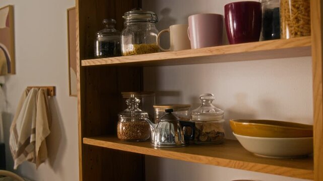 Tilt down shot of wooden shelf filled with glass jars of grains, pasta and cereal, along with stacked plates and bowls, cups in cozy home kitchen