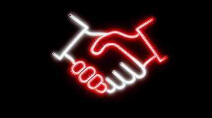 Obraz premium Neon handshake illustration with red and white glowing outlines on black background, symbolizing partnership, agreement, and modern digital connection