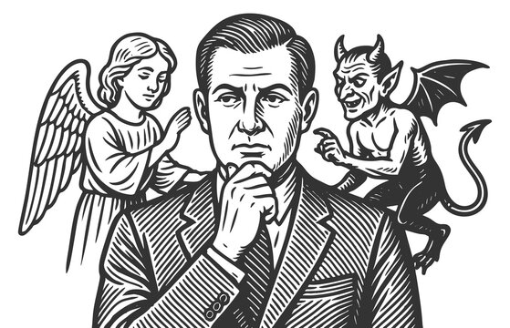 man deep in thought, with angel and devil on shoulders symbolizing inner conflict and choices sketch engraving generative ai fictional character raster illustration. Scratch board. Black and white.