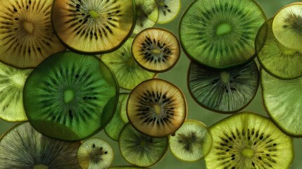 Fototapeta premium Colorful Slices of Kiwi in Various Shades Displayed on a Green Background