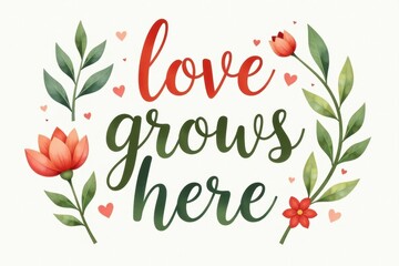 "Love grows here" lettering to Valentines Day greeting card with pink simple flowers on light background