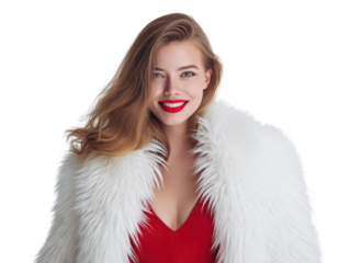 Chic Radiance: A stylish woman in a red dress with a striking white fur coat, exudes confidence and allure, complemented by her captivating smile. 