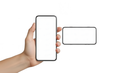 Hand holding smartphone with blank screen