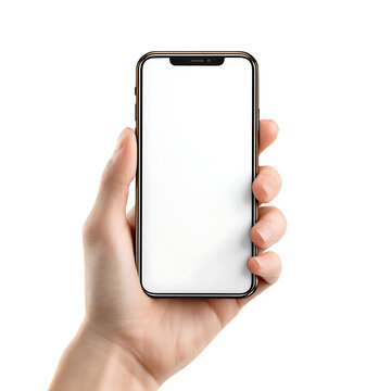A hand holding a white iphone with blank screen on a black background