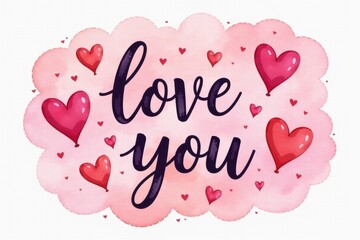 "Love you" lettering to Valentines Day greeting card with watercolor pink background