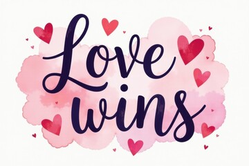 "Love wins" lettering to Valentines Day greeting card with watercolor pink background