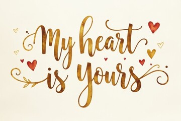 "My heart is yours" lettering to Valentines Day greeting card written with golden watercolor 