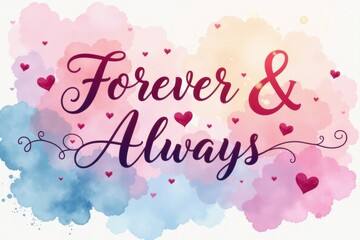 "Forever and Always" lettering to Valentines Day greeting card with watercolor pink background