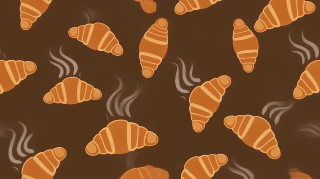 A repeating pattern of warm, steaming croissants on a rich brown background, rendered in a charming cartoon style.