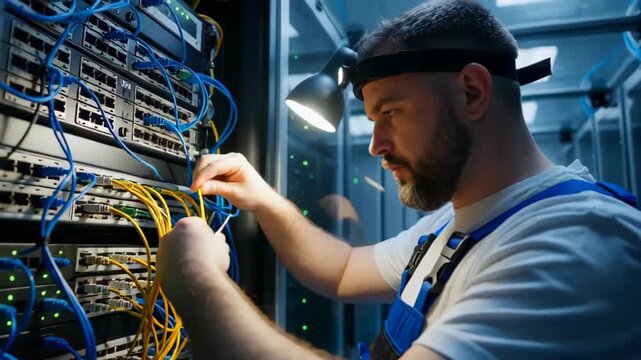 Technician working on server components with blue and yellow cables illuminated by a work light in a data center