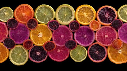 Bright and Colorful Assortment of Citrus Fruit Slices on Black Background