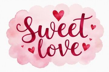 "Sweet Love" lettering to Valentines Day greeting card with watercolor pink background