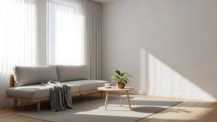 Peaceful Morning Sunlight in Modern Minimalist Living Room Interior. Calm, Clean Home Lifestyle Scene with Copy Space and Realistic Lighting
