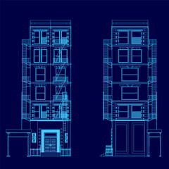 Blueprint of a modern two-story apartment building with multiple windows and balconies, presented as a clean white contour on a solid blue background.