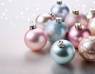 Christmas glass ball decorations in pastel colors on white glitter background with copy space, Festive background