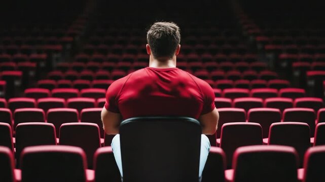 Muscular man in red shirt seated alone in empty auditorium seat watching stage contemplatively