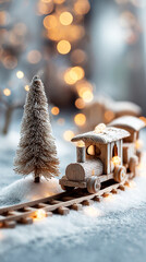 Miniature wooden toy train placed in artificial snow with warm lights in the background. Charming Christmas decoration ideal for holiday themes, winter layouts, and playful seasonal visuals.