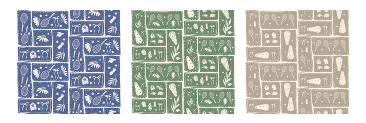 Tennis-themed seamless patterns bento grid rackets, balls and bows. Retro monochrome patchwork sport coquette prints with continuous repeating design backgrounds. Vector tennis green, blue, beige bg.