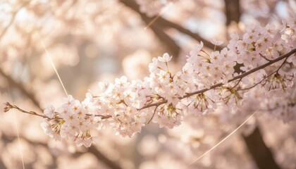 Obraz premium Close Up Of Delicate Pale Pink Cherry Blossoms With Soft Sunlight And Lens Flares On A Branch With A Blurred Background Of Trees In Spring