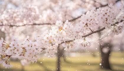 Close-up of delicate pink cherry blossoms in soft sunlight with falling petals creating a gentle spring atmosphere outdoors