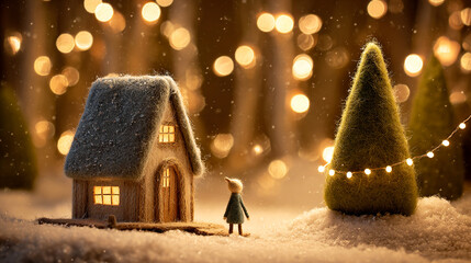 Small felt village with houses, trees, and figures arranged in a warm decorative setup. Soft golden lights create a cozy fairytale atmosphere and festive holiday mood.