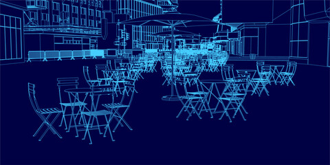 A futuristic city street contour drawing in blue features outdoor cafe tables, chairs, and an umbrella against simplified building silhouettes.