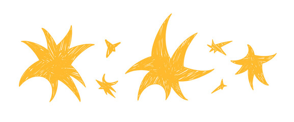 Obraz premium Pastel brush space stars with chalk-like texture set. Hand-drawn doodle elements in yellow. Perfect for creative illustrations, stickers, and graphic designs. Vector linocut blinks spark elements.