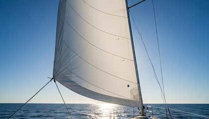 Close Up Of Sailboat Sail Against Bright Blue Sky And Ocean Water On A Sunny Day