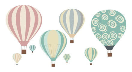 Pastel hot air balloons drift gently over a calm landscape creating a whimsical festival scene with soft colors and graceful striped canopies.