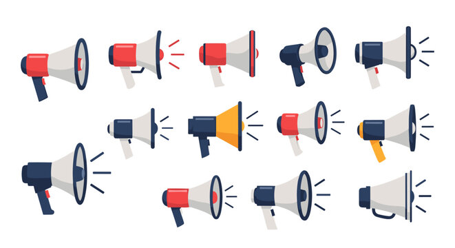 Collection of colorful megaphones in diverse sizes arranged at varied angles to evoke loudspeakers amplifiers and public announcement props for events.