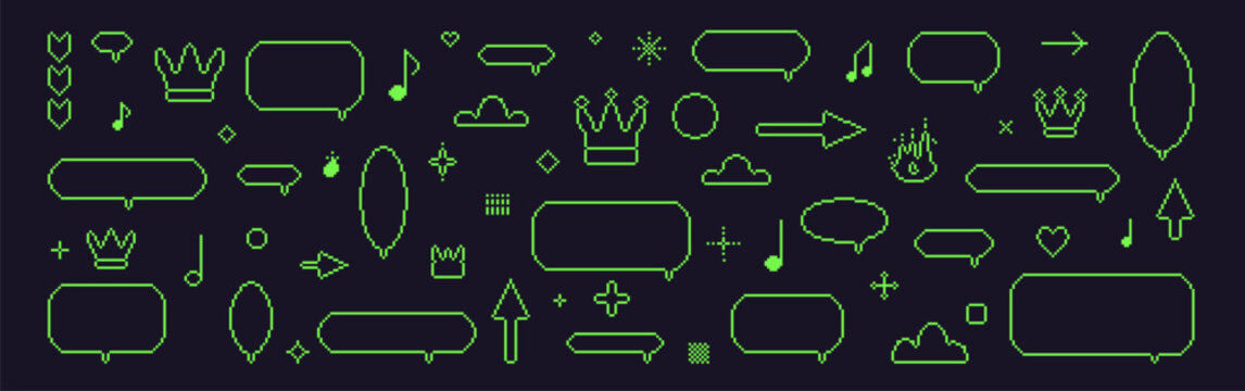 Pixel dialogue boxes. 8 bit retro green speech bubbles outlines set. Game pixel art chat text boxes with crown, music note, arrows. Vector talk frames balloons messages isolated on black background.