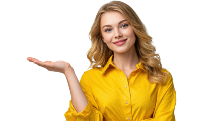 Smiling Woman Presenting: A radiant woman, exudes confidence as she extends her open hand, her captivating smile suggesting a warm welcome or an invitation.