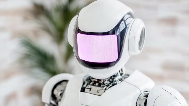 Futuristic white humanoid robot with glowing pink visor and purple digital face screen